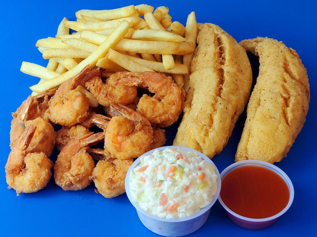 13. Snapper and Shrimp Platter · 2 pieces snappers fillet and 10 pieces shrimp.
