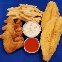 20. Catfish and Wings Platter · 2 pieces tilapia and 3 pieces wings.