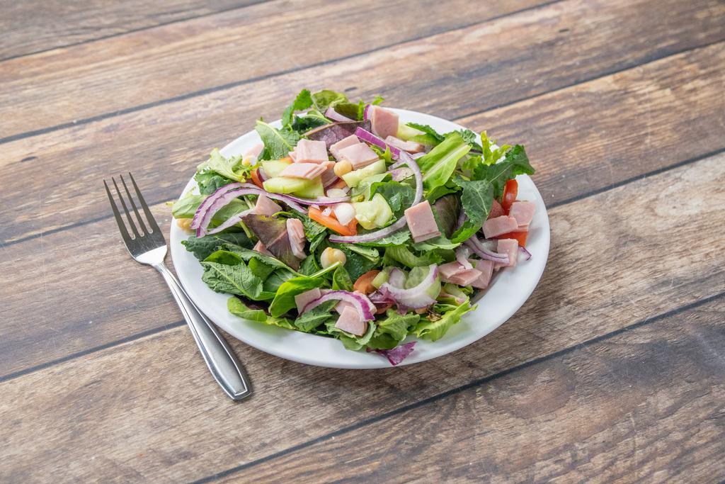 Large Chef's Salad · Mixed greens. tomato, cucumber, red onion and garbanzo beans. Choice of 1 meat or avocado or cheese.