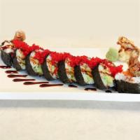 Amazing Spider-Roll · Fried softshell crab, crab mix, avocado, cucumber and carrots. Top: red tobiko. Sauces: swee...