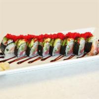 Sushi Manhunter · Ebi sushi, white tuna, salmon, tuna and cucumber. Top: avocado and red tobiko. Sauces: sweet...