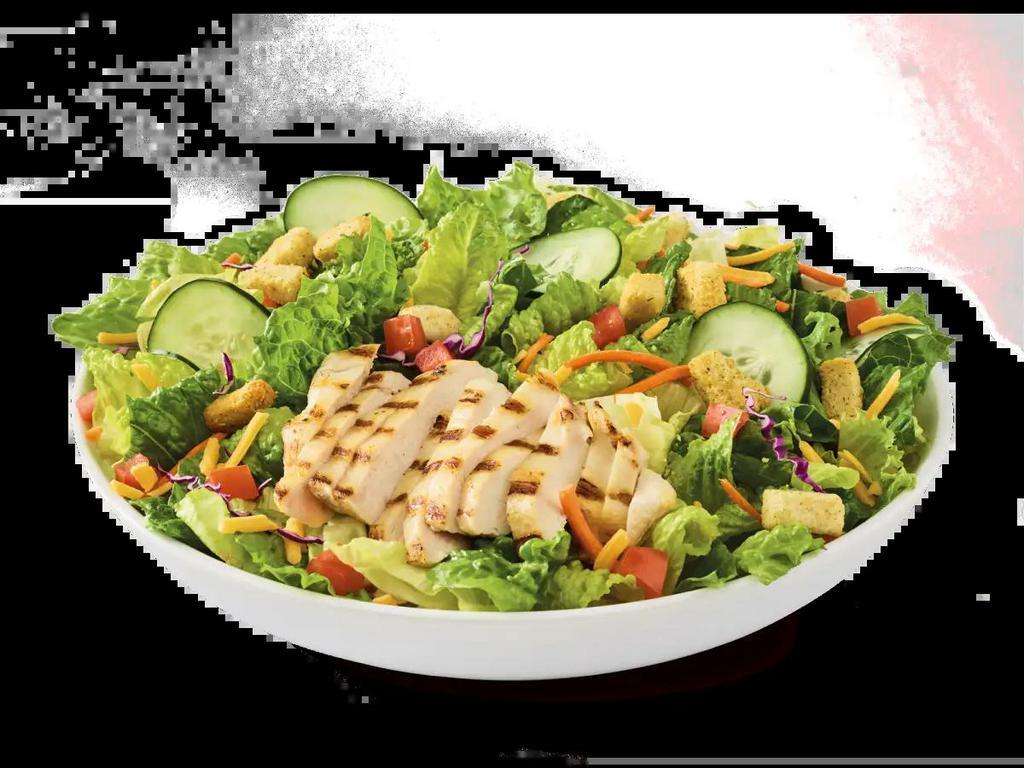 Simply Grilled Chicken Salad · Grilled chicken breast, Cheddar, tomatoes, croutons
and cucumbers on mixed greens. Served with choice
of dressing.