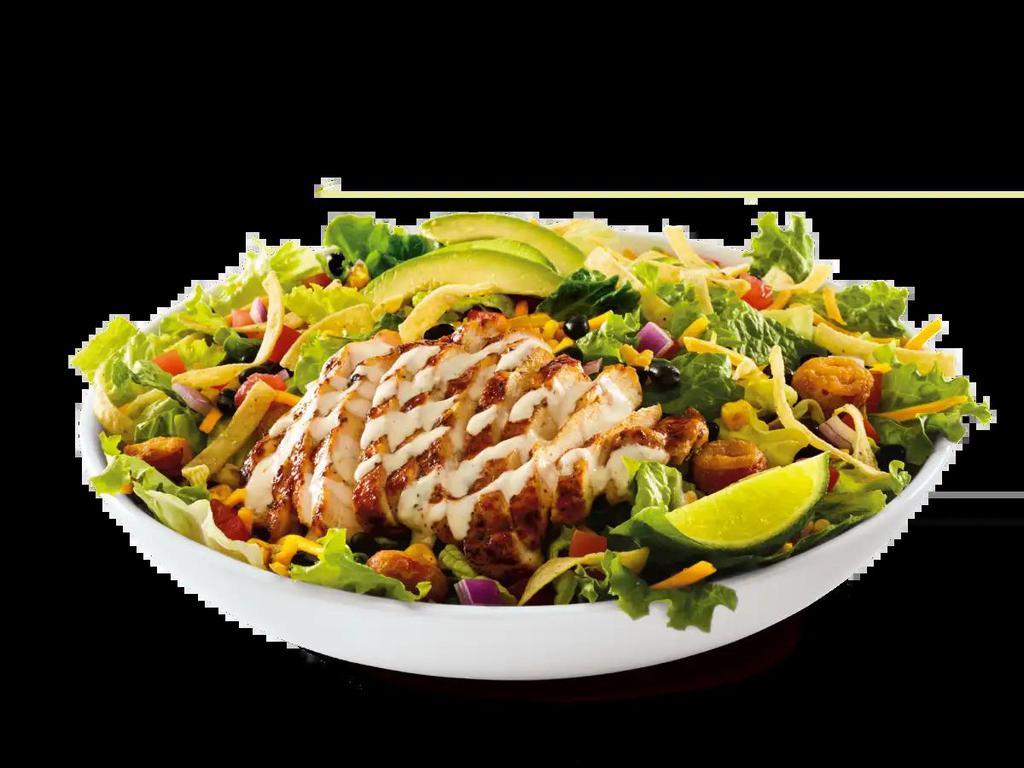 Southwest Salad · Ancho-grilled chicken breast, black beans, avocado,
fried jalapeño coins, tomatoes, red onions, corn, shredded
Cheddar cheese, lime and tortilla strips on mixed
greens. Served with salsa-ranch dressing on
the side.