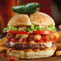 Burnin' Love Burger · Fried jalapeño coins, house-made salsa, Pepper-Jack, lettuce, tomatoes and chipotle aioli on...