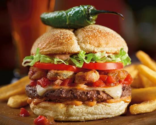 Burnin' Love Burger · Fried jalapeño coins, house-made salsa, Pepper-Jack, lettuce, tomatoes and chipotle aioli on a jalapeño-cornmeal kaiser roll.