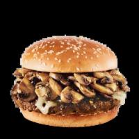 Sauteed Shroom Burger · Garlic-and-Parmesan-sautéed mushrooms
with Swiss.