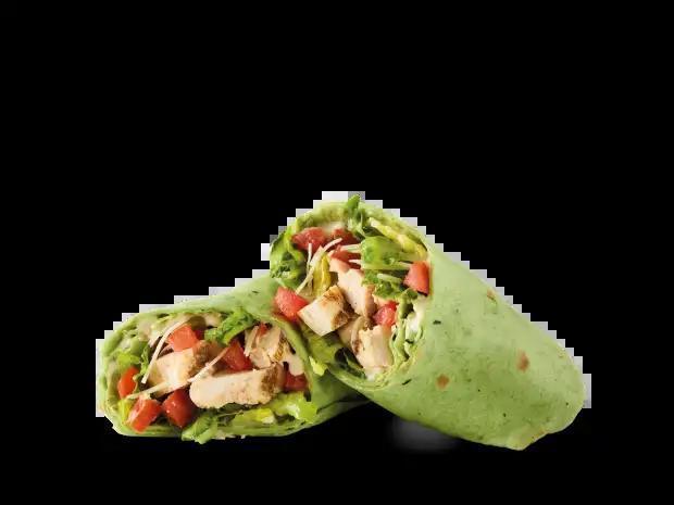 Caesar's Chicken Wrap · Sliced chicken breast, Parmesan,
romaine, tomatoes and Caesar dressing in
a spinach tortilla.