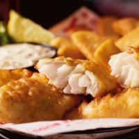 Arctic Cod Fish & Chips · Hand-battered, golden-fried cod fillets with Steak Fries and Dill’d & Pickl’d Tartar Sauce.