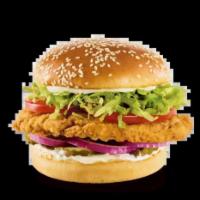 Crispy Chicken Burger · Pickles, red onions, lettuce, tomatoes and
mayo.