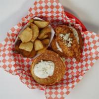 Blue Dream Chicken Sandwich · Fried chicken breast, blue cheese dressing with blue cheese crumbles. Add hot sauce.