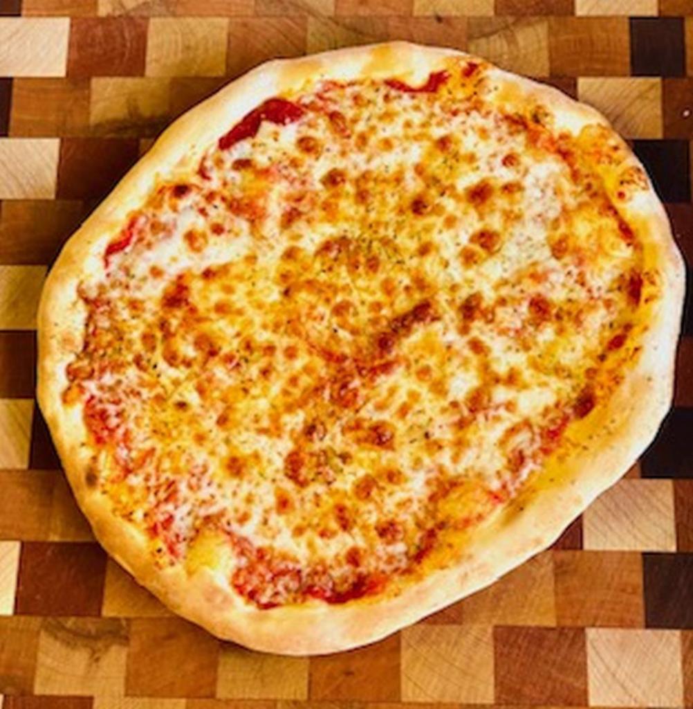 Cheese Pizza · Red sauce, local cheese, oregano, garlic, extra virgin olive oil and herb blend.