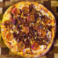 Porky Pig Pizza · Red sauce, local cheese, bacon, pepperoni, chorizo, garlic extra virgin olive oil and herb b...