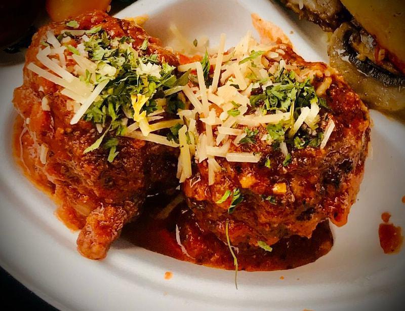 Low Carb Meat A’ Ball · Smoked homemade meatballs and marinara, topped with Parmesan and mozzarella cheese. 4 meatballs only.