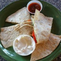 Chicken Quesadilla · Grilled sliced chicken breast w/ peppers, onions, tomatoes & spicy jack cheese, served with ...