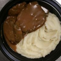 Baked Meatloaf with Gravy · Served with mashed potatoes, vegetable OR pasta, soup OR salad, Topped with brown gravy