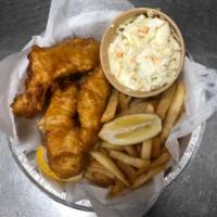 BEER BATTERED FISH & CHIPS · Served with French Fries, Coleslaw, Tartar sauce