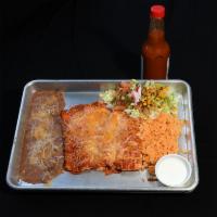Cheese Enchilada · 3 enchiladas served with rice beans, lettuce,pico and side of sour cream