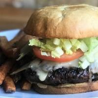 4. French Onion Burger · Caramelized onions, Swiss, tomatoes, dill pickles and lettuce. USDA Prime Certified Angus Be...