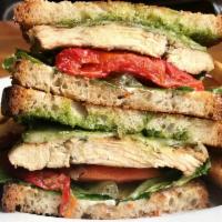 Frisco Chicken Sandwich · Grilled chicken breast, pine nut-and-basil pesto, mozzarella, tomato, roasted red peppers, l...