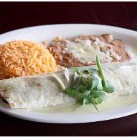 Burrito Carne Asada · A large flour tortilla filled with beef steak, covered with cheese sauce and served with ric...