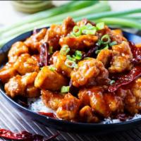 General Tso's Chicken · Chunks of chicken and dried red pepper in ginger and garlic sauce. Served with steamed rice....