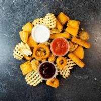 Factory Sampler Platter · Toasted ravioli, mozzarella sticks, mac and cheese wedges, onion rings and boneless chicken ...