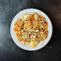 Buffalo Blue Fries · Our factory fries topped with ranch dressing and buffalo sauce, grill chicken breast and cru...