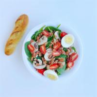Perfect Spinach Salad · Fresh baby leaf spinach, grape tomatoes, boiled eggs and fresh mushrooms topped with smoked ...