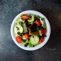 Mediterranean Greek Salad · Romaine lettuce, grape tomato, sweet red onion, cucumbers, black olives and Greek dolmades. ...