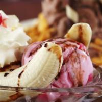 Banana Split Sundae · Vanilla, chocolate, strawberry ice creams, fudge, caramel, marshmallow creme, peanuts, whipp...
