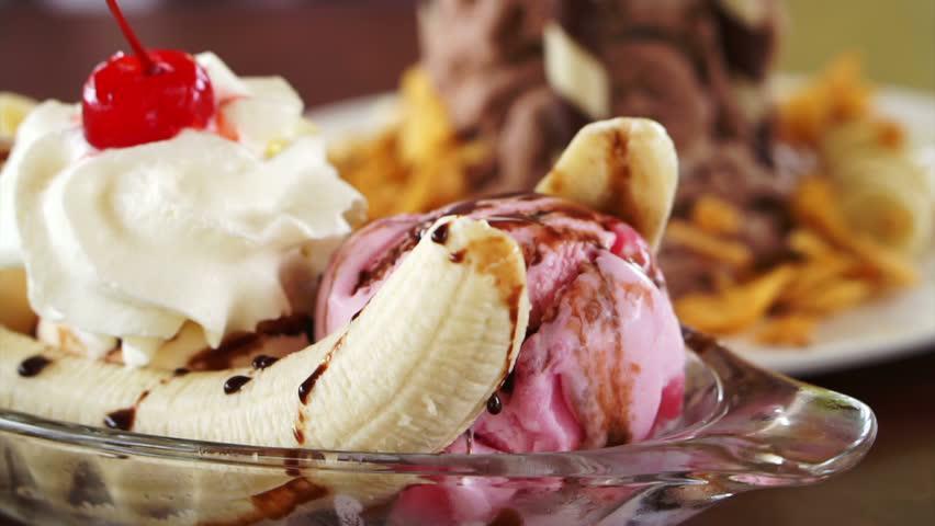 Banana Split Sundae · Vanilla, chocolate, strawberry ice creams, fudge, caramel, marshmallow creme, peanuts, whipped cream and cherry.