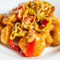 Sweet Chili Shrimp · Tempura battered shrimp tossed in a Thai chili sauce w/pepperoncini's & roasted red peppers ...