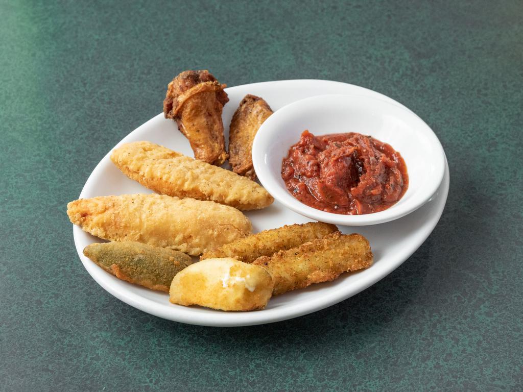 Sampler Platter · 2 Wings, 2 Tenders, 2 Cheese Stix and 2 Jalapeno Poppers.