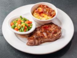NY Strip Dinner · Cooked to order, served with Mixed Veggies and Choice of Potato or Mac & Cheese