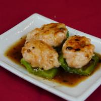 Pan fried green pepper with stuffed  shrimp paste 釀青椒 · 