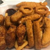 Appetizer Combo · 3 chicken fingers, 3 wings, 3 mozzarella sticks, 3 broccoli bites and fries and onion rings.