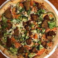 Vegetarian Pizza · Onion, peppers, mushrooms, broccoli, tomatoes and eggplant.