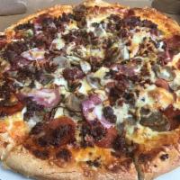 Meat Lovers Pizza · Pepperoni, sausage, meatballs, hamburger, bacon, ham.