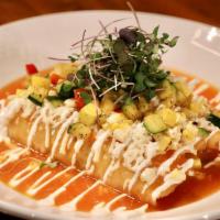 Veggie Enchiladas  · 3 enchiladas in a mild habanero sauce, stuffed with corn zucchini, squash, and red pepper, t...