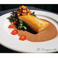 Pacific Ocean Salmon  · Choice of blackened or regular salmon served over a black bean dressing, topped with a mango...