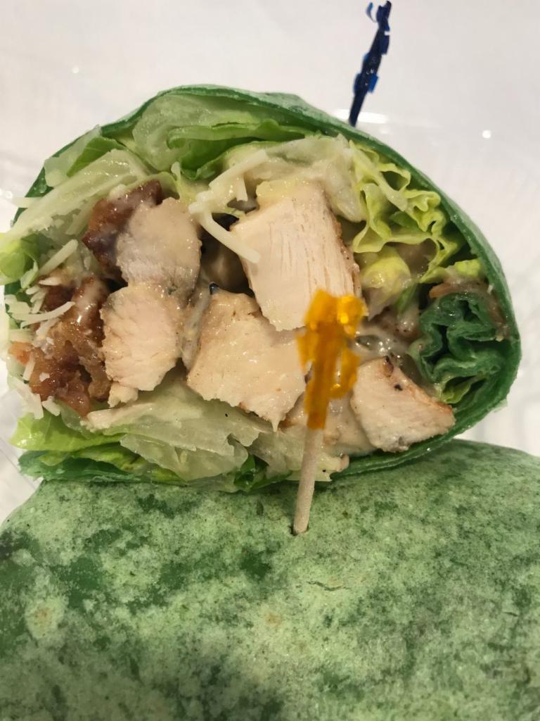 Chicken Caesar Wrap · Chicken breast, romaine lettuce, fresh Parmesan cheese and Caesar dressing. Add bacon for an additional charge.