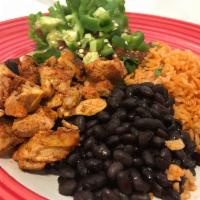 Baja Plate · Rice, beans, choice of meat with salsa, lettuce, sour cream, cheese and guacamole.