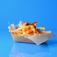 Bacon Cheese Fries · Waffle fries topped with melted American cheese sauce and smoked bacon.