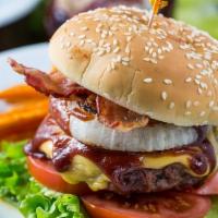 8. Supreme BBQ Burger · Beef, cheese, bacon, lettuce, tomato, onions, potato sticks, and BBQ sauce.