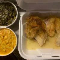 1/2 bake chicken dinner with 2 sides and cornbread,  · 