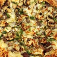 Cheese Steak Pizza · Steak, onion, green pepper and mushroom.