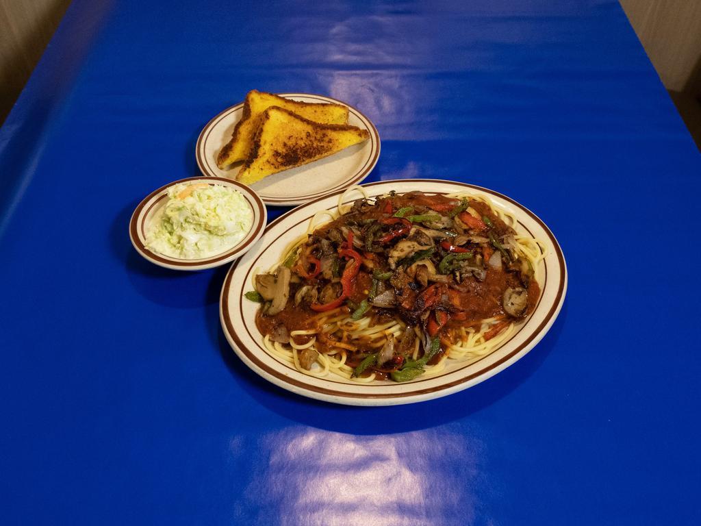House Spaghetti · Homemade meat sauce topped with grilled mushrooms, onions snd green peppers