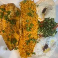 Fish Plate · Seasoned Sea Bass Fish , on a plate of Rice with a side of Hummus , salad  and a pita bread ...