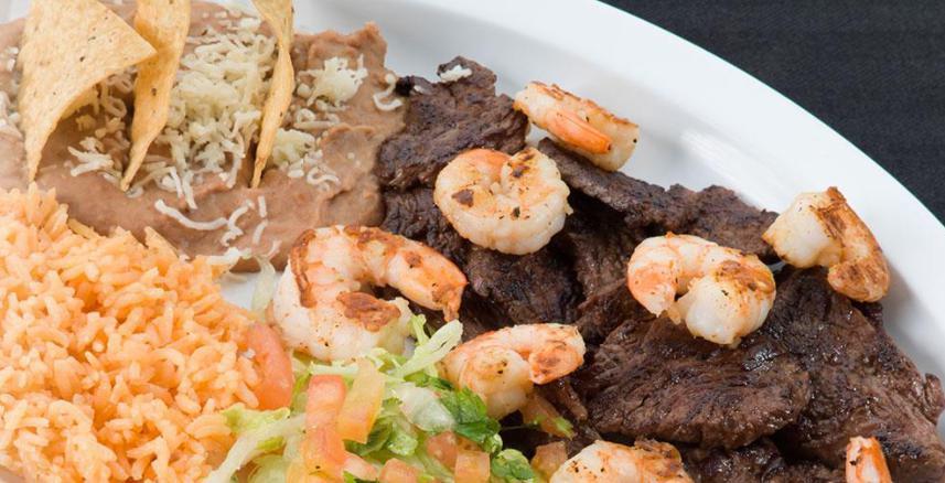 Carne Asada Con Camarones Dinner · Steak and shrimp.

