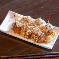 Takoyaki-Octopus Ball · Battered octopus over egg tartar topped with kewpie mayonnaise okonomiyaki sauce, fresh cut ...